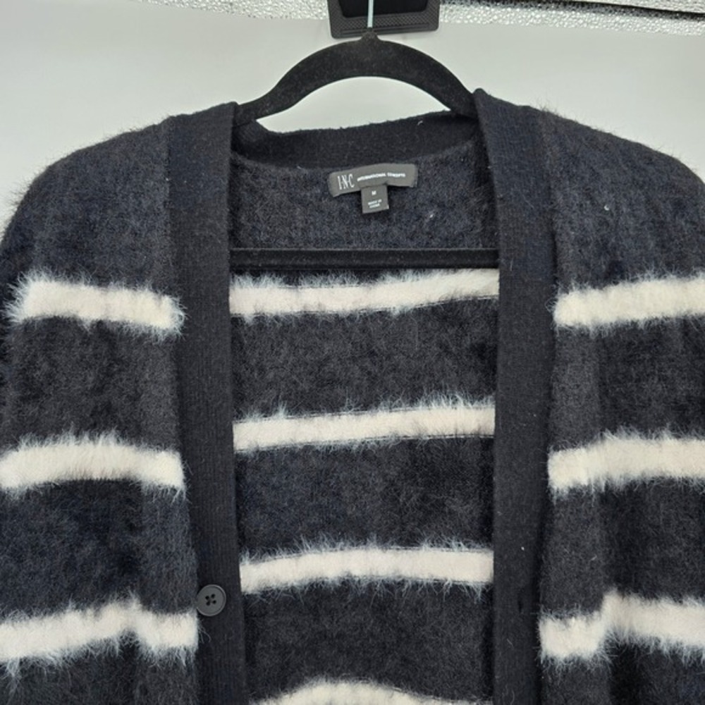 INC International Concepts Women Black White Stripe Fuzzy Cardigan Sweater Med - Picture 3 of 10